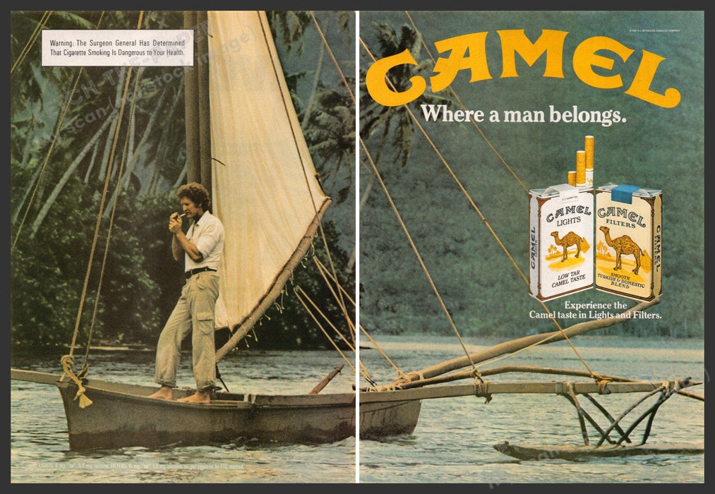 Camel Cigarettes 1980s Magazine Print Advertisement (2 pgs) 1982 Wooden Sailboat Camel