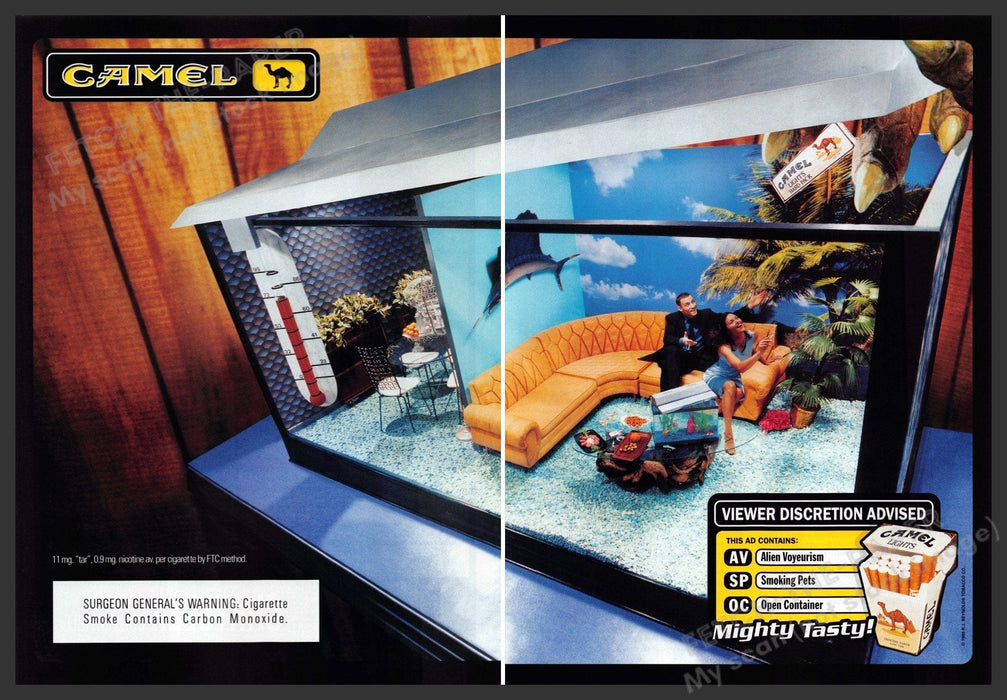 Camel Cigarettes 1990s Print Ad (2 pege) 1999 People in Living in Terrarium Fetch-the-Paper