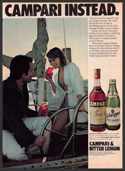 Campari & Schweppes 1970s Print Advertisement 1977 Couple on Sailboat Fetch-the-Paper