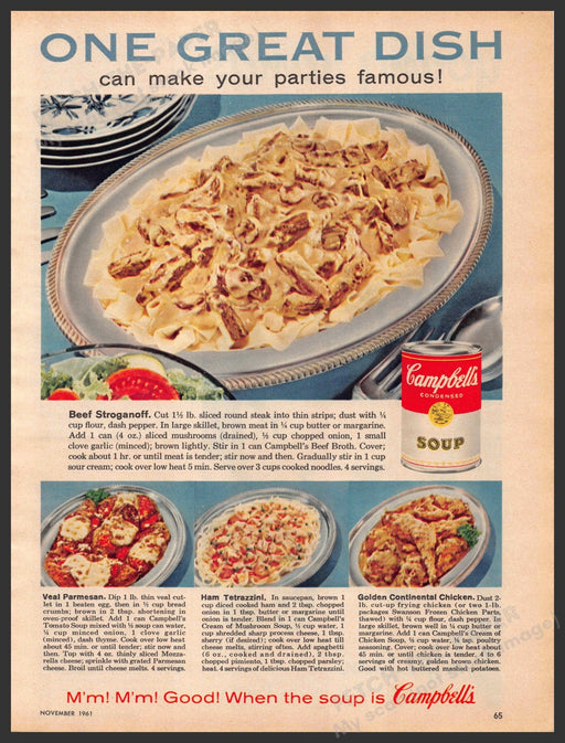 Campbell's Soup 1960s Print Advertisement Ad 1961 Recipes Stroganoff Tetrazzini Campbell's
