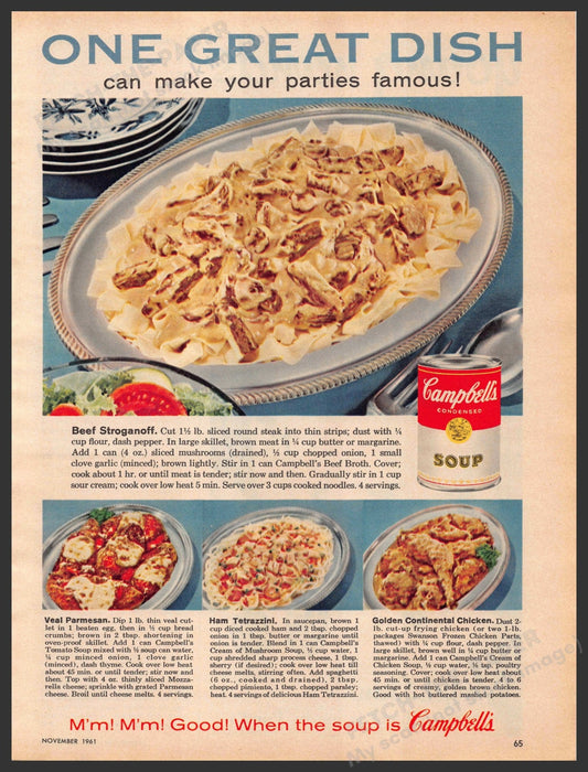 Campbell's Soup 1960s Print Advertisement Ad 1961 Recipes Stroganoff Tetrazzini Campbell's