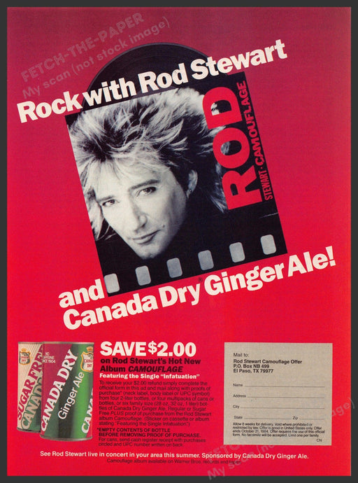 Canada Dry 1980s Magazine Print Advertisement 1984 Rod Stewart Ginger Ale Canada Dry