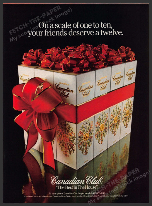 Canadian Club 1980s Print Advertisement 1981 Wrapped Bow Holiday Present Fetch-the-Paper