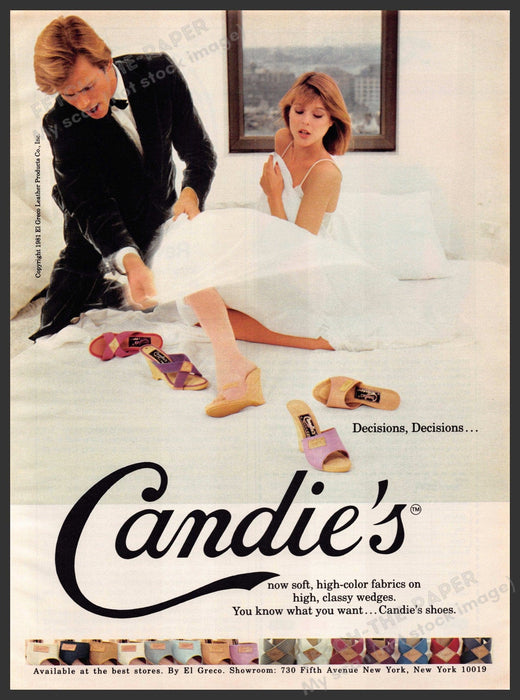 Candie's Shoes 1980s Print Advertisement 1981 Couple Bed White Sheets Candie's
