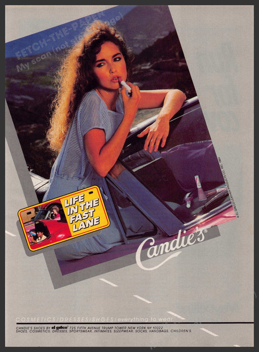Candie's Shoes 1980s Print Advertisement 1984 "Life in the fast lane" Lipstick Fetch-the-Paper