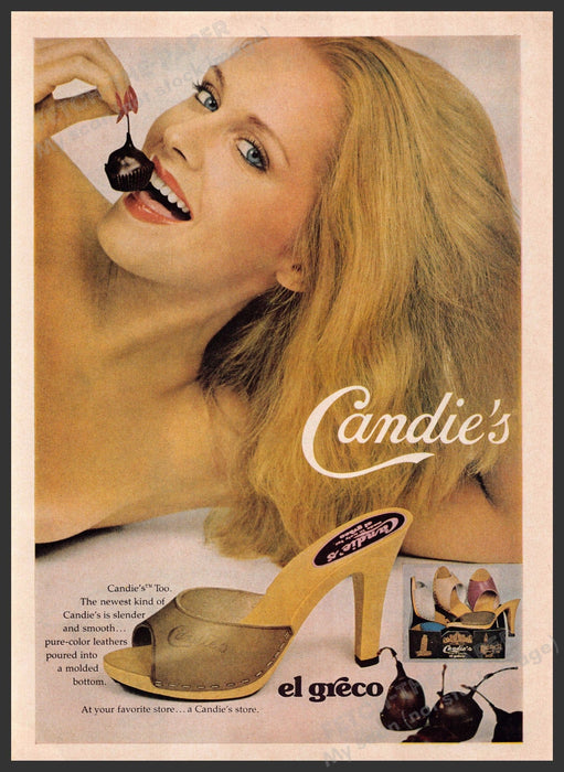 Candie's Too 1970s Print Advertisement 1979 Shoes Woman Eating Cherry Fetch-the-Paper