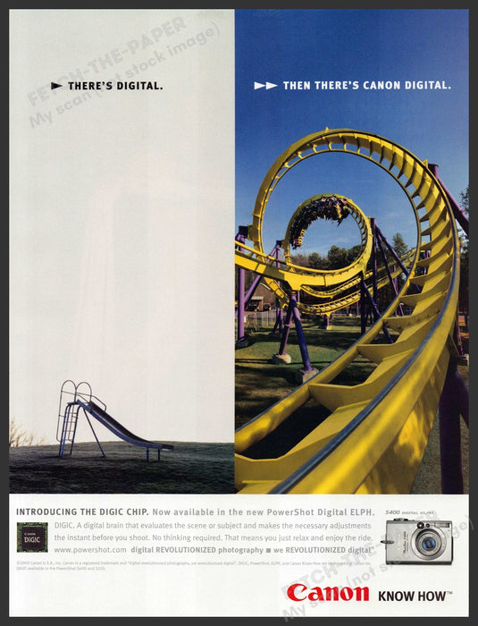 Canon PowerShot Elph 2000s Print Advertisement 2003 Roller Coaster & Slide Fetch-the-Paper