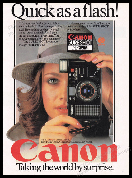 Canon Sure Shot AF35M Camera 1980s Print Advertisement Ad 1982 Fetch the Paper!
