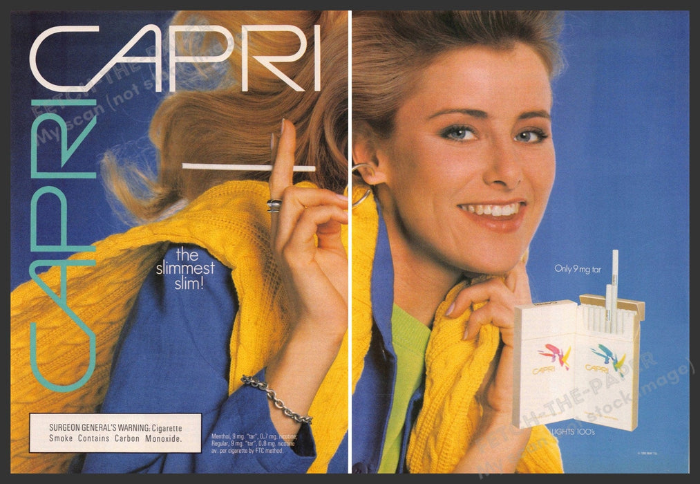 Capri Cigarettes 1980s Print Advertisement (2 page) 1989 Sweater Over Shoulder Capri