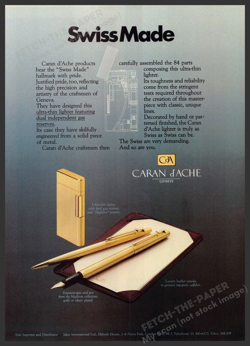 Caran d'Ache Lighter and Pen 1980s Print Advertisement Ad 1982 Fetch the Paper!