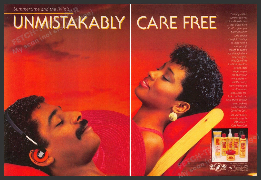 Care Free Curl 1980s Magazine Print Ad (2 pages) 1984 Couple Lounging Hair Care Free Curl