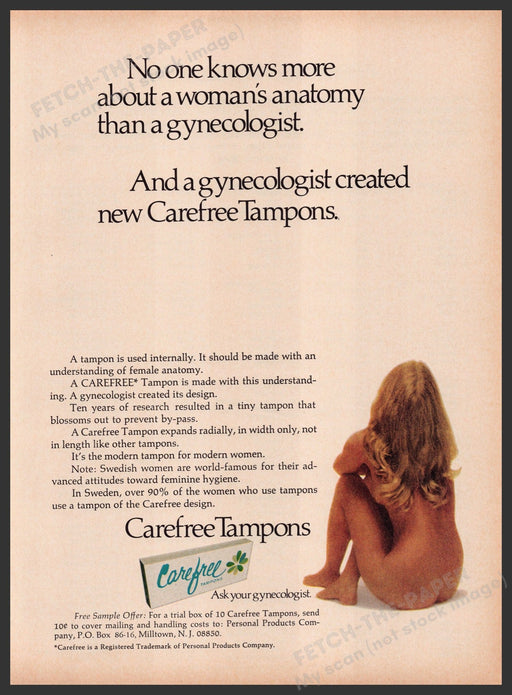 Carefree Tampons 1960s Print Advertisement Ad 1969 Bare Body Blonde Fetch the Paper!