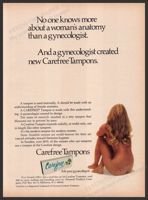 Carefree Tampons 1960s Print Advertisement Ad 1969 Bare Body Blonde Fetch the Paper!
