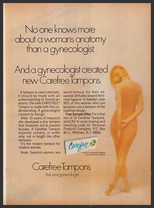 Carefree Tampons 1960s Print Advertisement Ad 1969 Bare Body Girl Fetch the Paper!