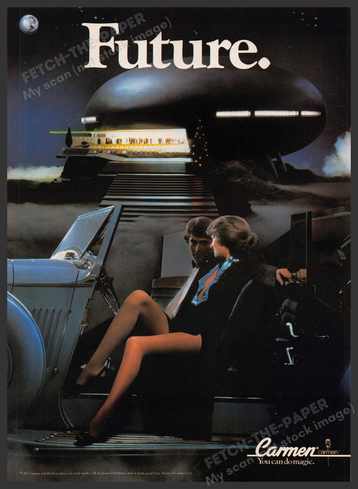 Carmen Hosiery 1980s Print Advertisement Ad 1980 "Future" Legs Fetch-the-Paper