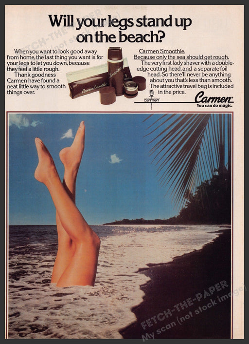 Carmen Smoothie Lady Shaver 1980s Print Advertisement Ad 1980 Legs Beach Fetch-the-Paper