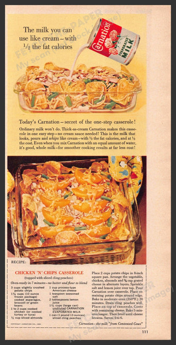 Carnation Evaporated Milk 1960s Print Ad 1961 "Chicken n Chips Casserole" Recipe Carnation