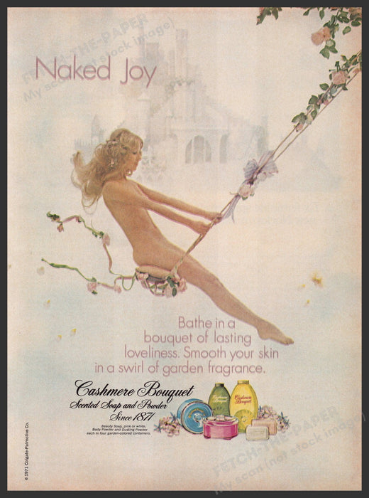 Cashmere Bouquet Bath 1970s Print Advertisement Ad 1973 Bare Girl on Swing Fetch the Paper!