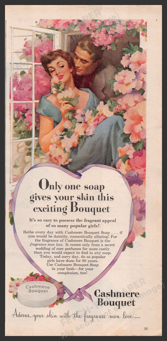 Cashmere Bouquet Soap 1940s Print Advertisement Ad 1949 Couple Flowers Window Fetch-the-Paper
