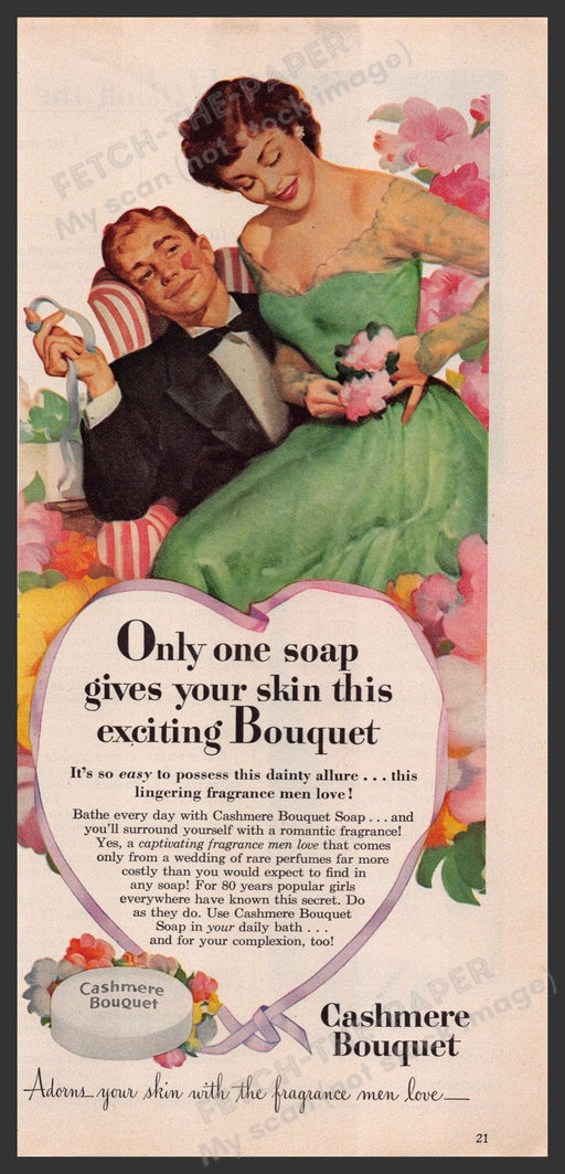 Cashmere Bouquet Soap 1940s Print Advertisement Ad 1949 Happy Couple Fetch-the-Paper