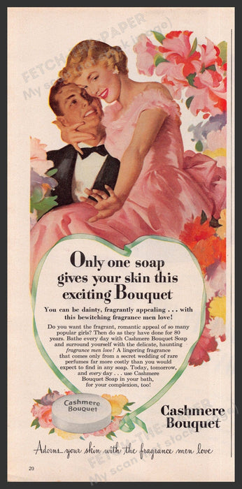 Cashmere Bouquet Soap 1940s Print Advertisement Ad 1949 Loving Couple Flowers Fetch-the-Paper