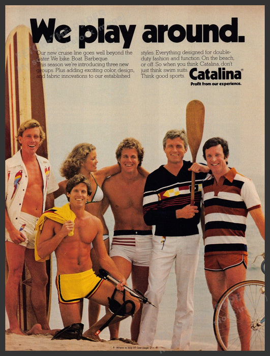 Catalina Men's Swimwear 1970s Print Advertisement 1977 Surfer Dudes Sexy Fetch-the-Paper
