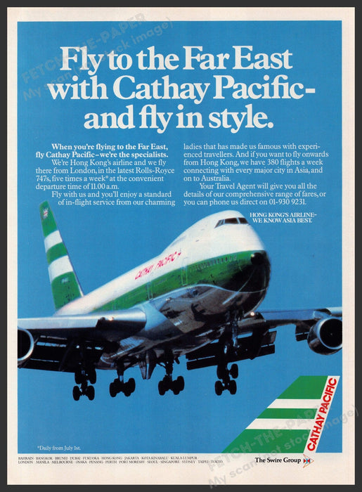 Cathay Pacific Airlines 1980s Print Advertisement Ad 1981 Hong Kong Fetch-the-Paper