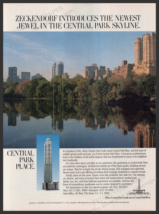 Central Park Place NYC Condominium Tower 1980s Print Advertisement Ad 1987 Fetch-the-Paper
