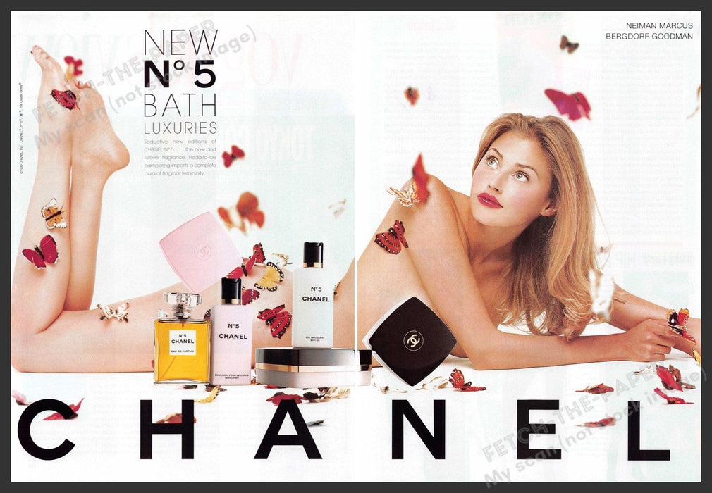 Chanel No. 5 Estella Warren 1990s Print Advertisement (2 page) 1999 Bare Body Fetch-the-Paper