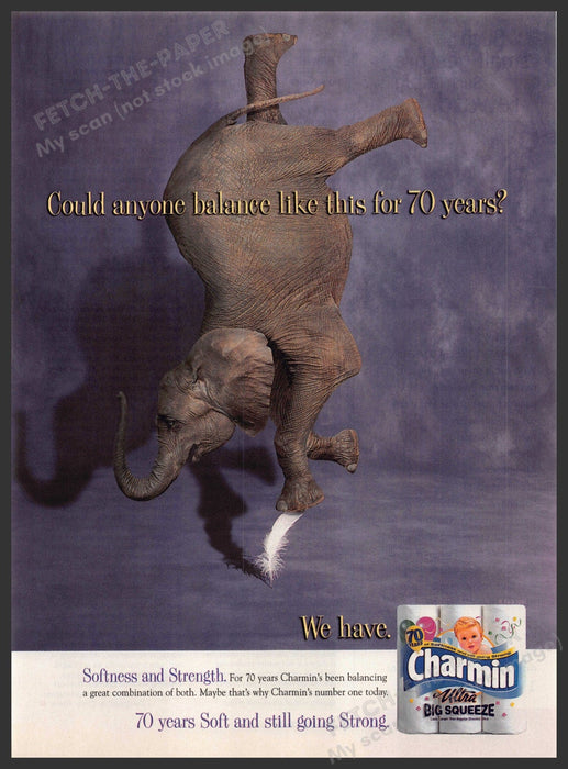Charmin 1990s Print Advertisement 1998 Strength Balancing Elephant on Feather Charmin
