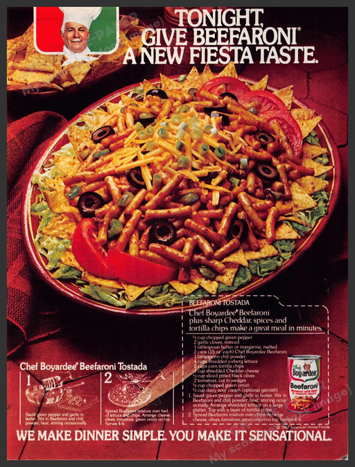 Chef Boy-ar-dee Beefaroni 1980s Print Advertisement Ad 1983 Tostada Recipe Chef Boyardee
