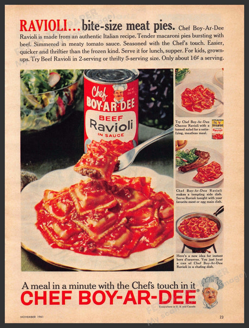 Chef Boy-ar-dee Ravioli 1960s Print Advertisement 1961 Bite-size Chef Boyardee