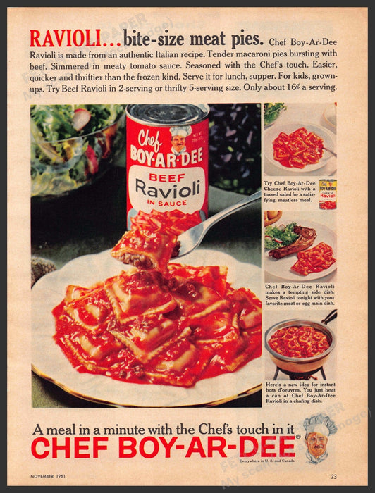 Chef Boy-ar-dee Ravioli 1960s Print Advertisement 1961 Bite-size Chef Boyardee