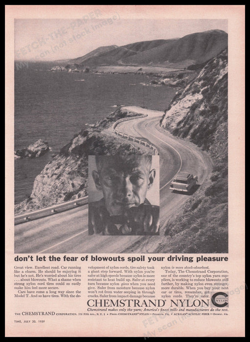 Chemstrand Nylon Tire Cord Coastline Road 1950s Print Advertisement Ad 1959 Fetch the Paper!
