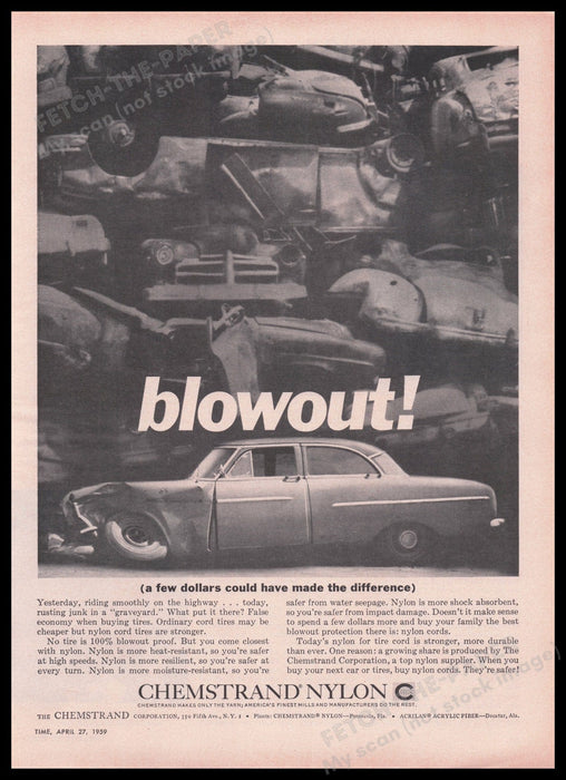 Chemstrand Nylon Tire Cord Junk Graveyard 1950s Print Advertisement Ad 1959 Fetch the Paper!
