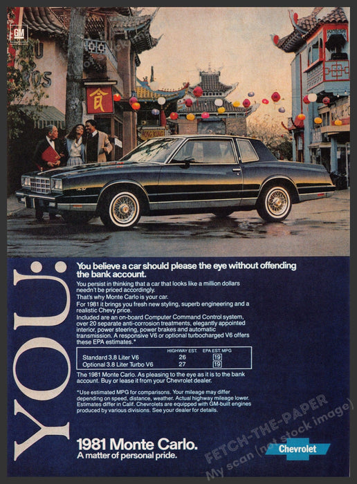 Chevrolet Monte Carlo 1980s Magazine Print Advertisement 1981 China Town Fetch-the-Paper