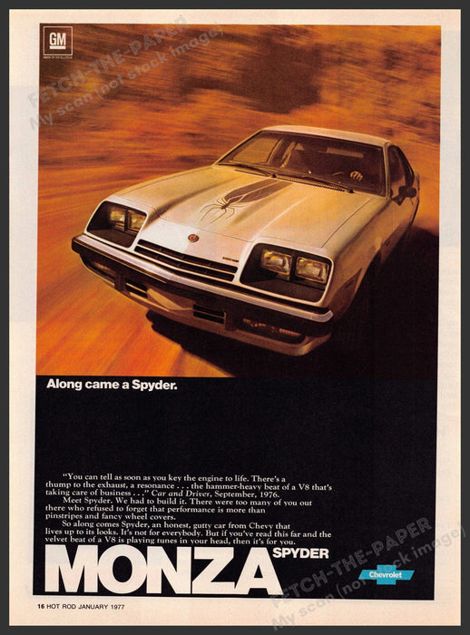 Chevrolet Monza 1970s Magazine Print Advertisement 1977 "Along came a Spyder" Chevrolet Monza