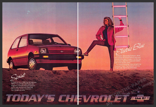 Chevrolet Sprint 1980s Print Advertisement (2 page) 1986 Woman Corporate Ladder Fetch-the-Paper