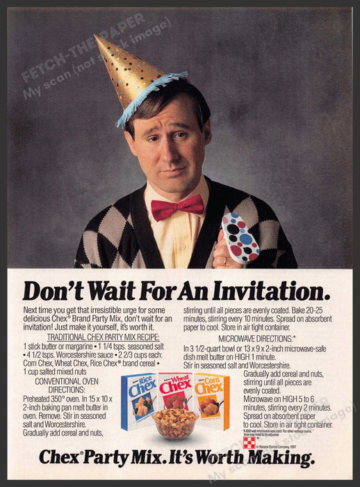 Chex Party Mix 1980s Print Advertisement 1987 Recipe Guy Party Hat Sad Chex