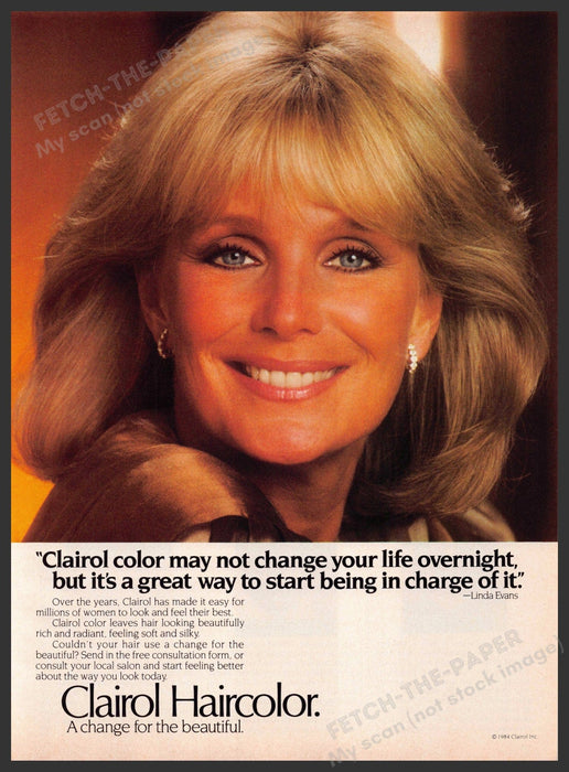 Clairol 1980s Magazine Print Advertisement 1984 Linda Evans "in charge of life" Fetch-the-Paper