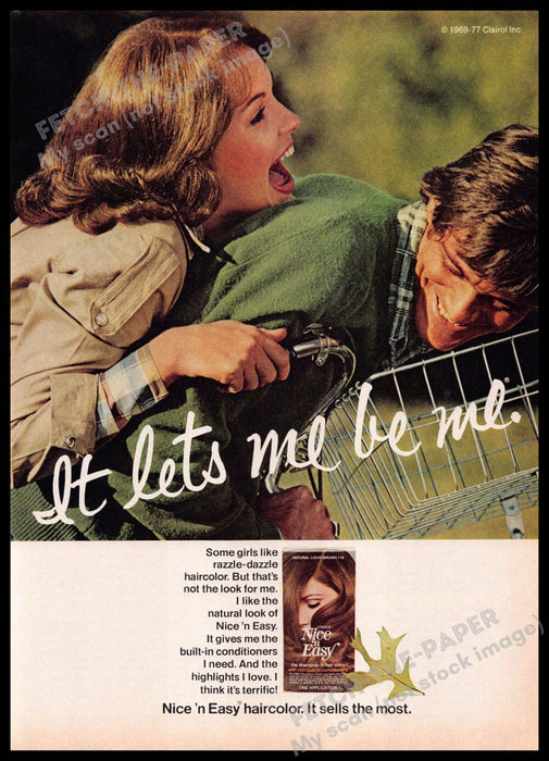 Clairol Nice 'n Easy 1970s Print Advertisement 1977 Couple "It lets me be me" Clairol Nice 'n Easy