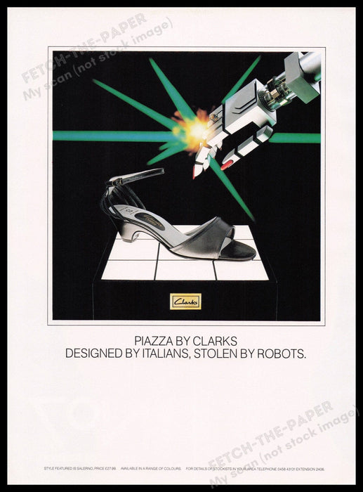 Clarks Piazza Shoes 1980s Print Advertisement Ad 1982 Stolen by Robots Fetch the Paper!