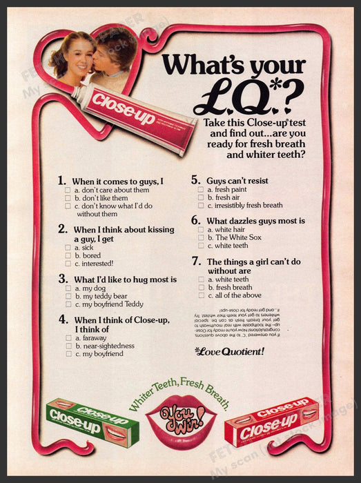 Close-up 1980s Print Advertisement 1981 "What is your L.Q.?" Toothpaste Close-up