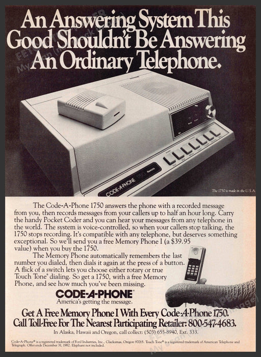 Code-a-phone 1750 Answering Machine 1980s Print Advertisement 1982 Fetch-the-Paper