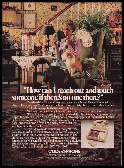 Code-A-Phone 1980s Print Advertisement Ad 1980 Old Lady Cat Answering Machine Fetch the Paper!