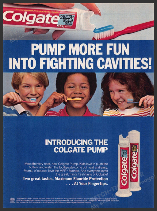 Colgate 1980s Print Advertisement 1986 Pump Kids Brushing Teeth Colgate