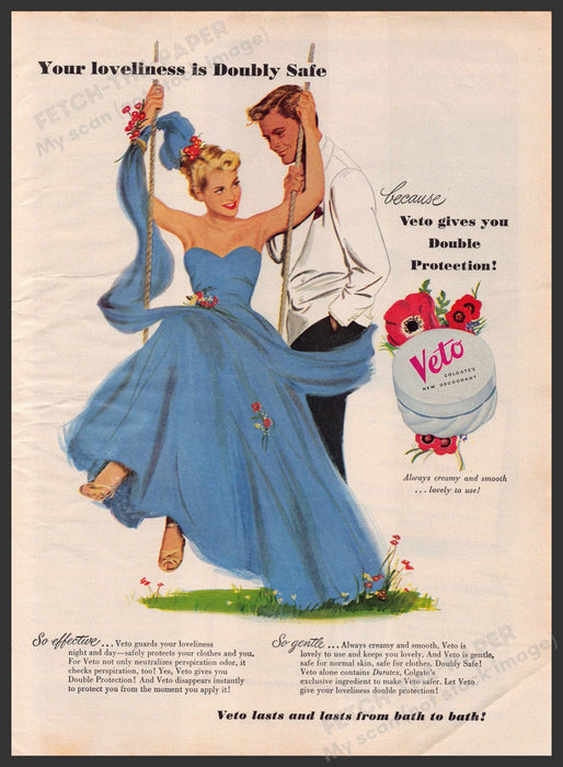 Colgate Veto Deodorant 1940s Print Advertisement Ad 1949 Swinging Couple Fetch-the-Paper