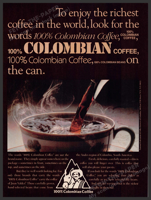 Colombian Coffee 1980s Magazine Print Advertisement 1983 South America Colombian Coffee