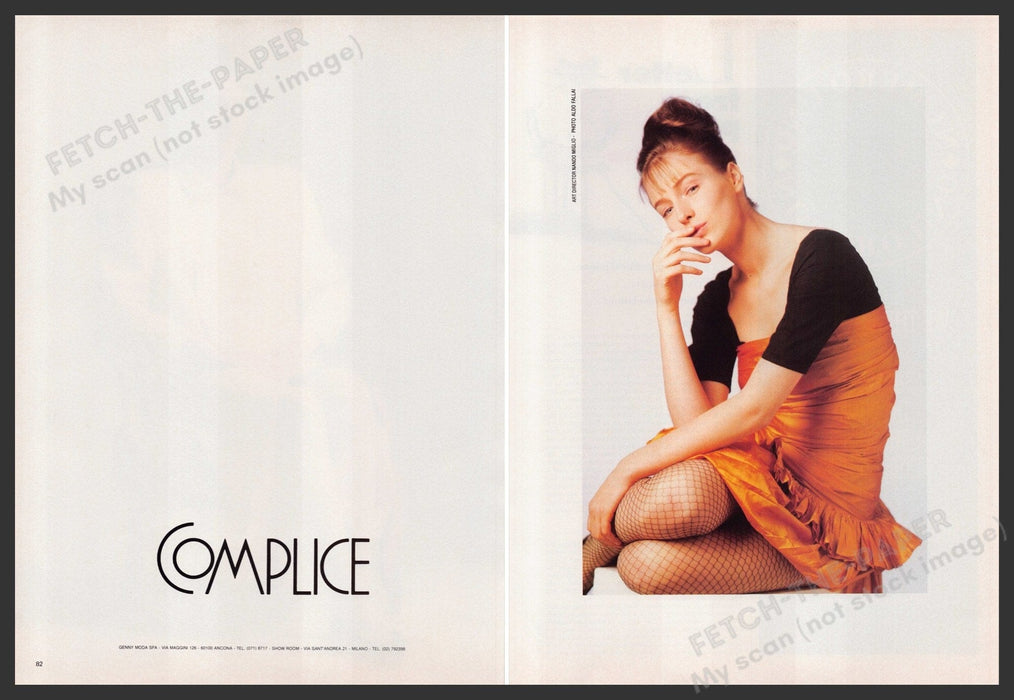 Complice Clothing 1980s Print Advertisement (2 pages) 1988 Fishnet Legs Fetch-the-Paper