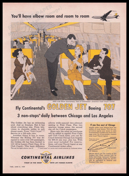 Continental Airlines Golden Jet Boeing 707 1950s Print Advertisement Ad 1959 Fetch the Paper!